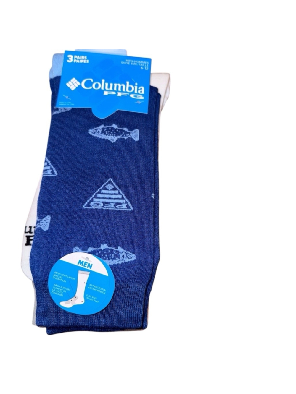 Men's Columbia PFG Socks 3 Pack Crew Blue White Grey One Size